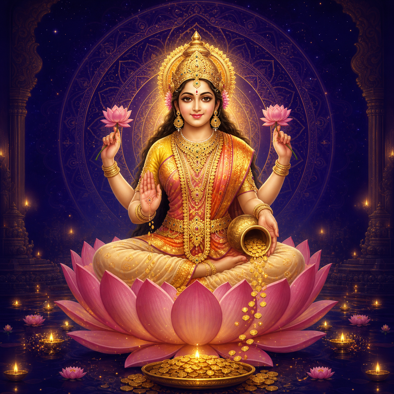 Respectful illustration of Goddess Lakshmi on a lotus in a celestial setting